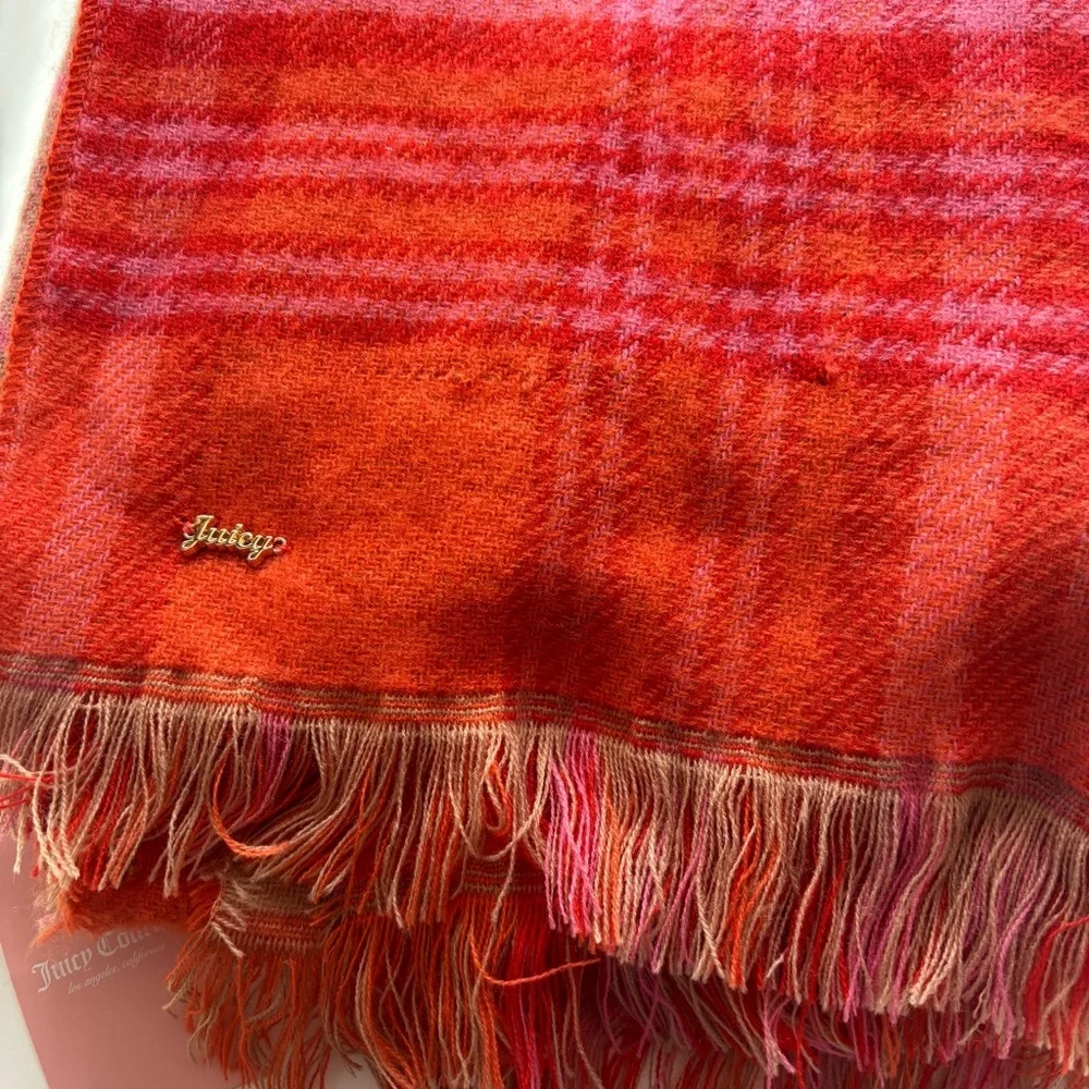 Juicy Couture reversible poncho with fringe pink orange plaid and tan pink plaid